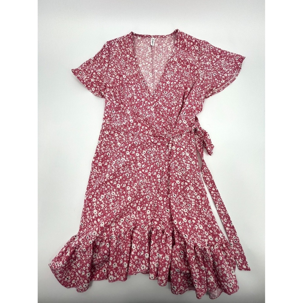 Naggoo Wrap Mini Dress Womens Large Pink Cottagecore Floral V Neck Ruffle Hem